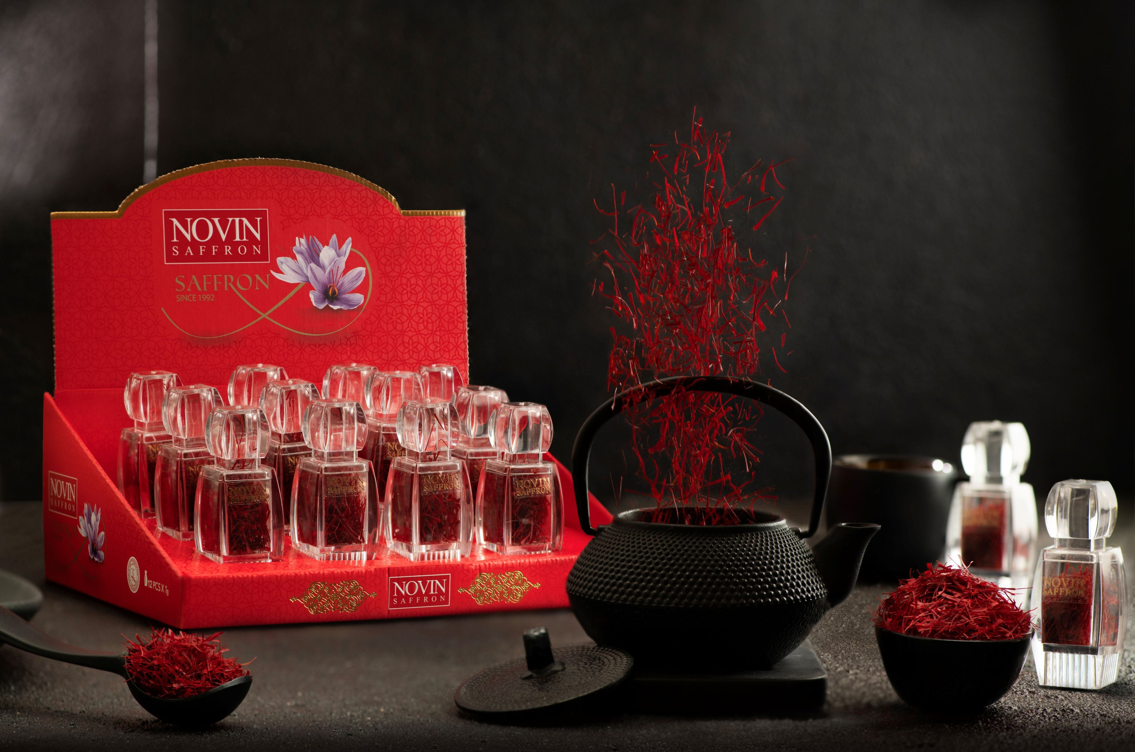 Novin Azin Series saffron - luxury Persian saffron in elegant glass jars, modern saffron packaging Dubai, premium glass jar saffron UAE