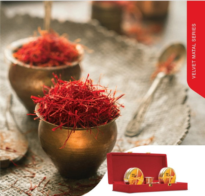 Novin Saffron Velvet Series - luxury Persian saffron in red velvet gift boxes with metal tins, premium saffron gifts Dubai UAE