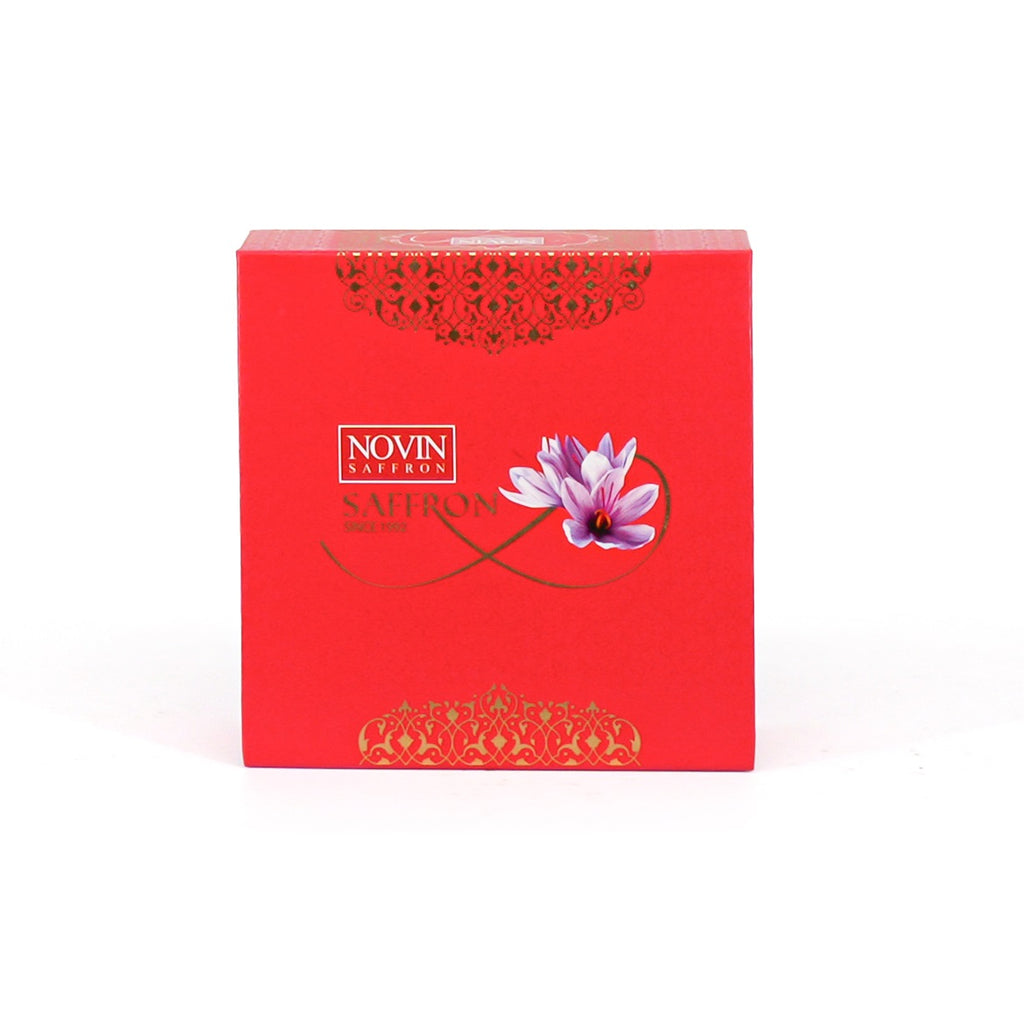 Red box with floral design and 'Novin' branding on a white background