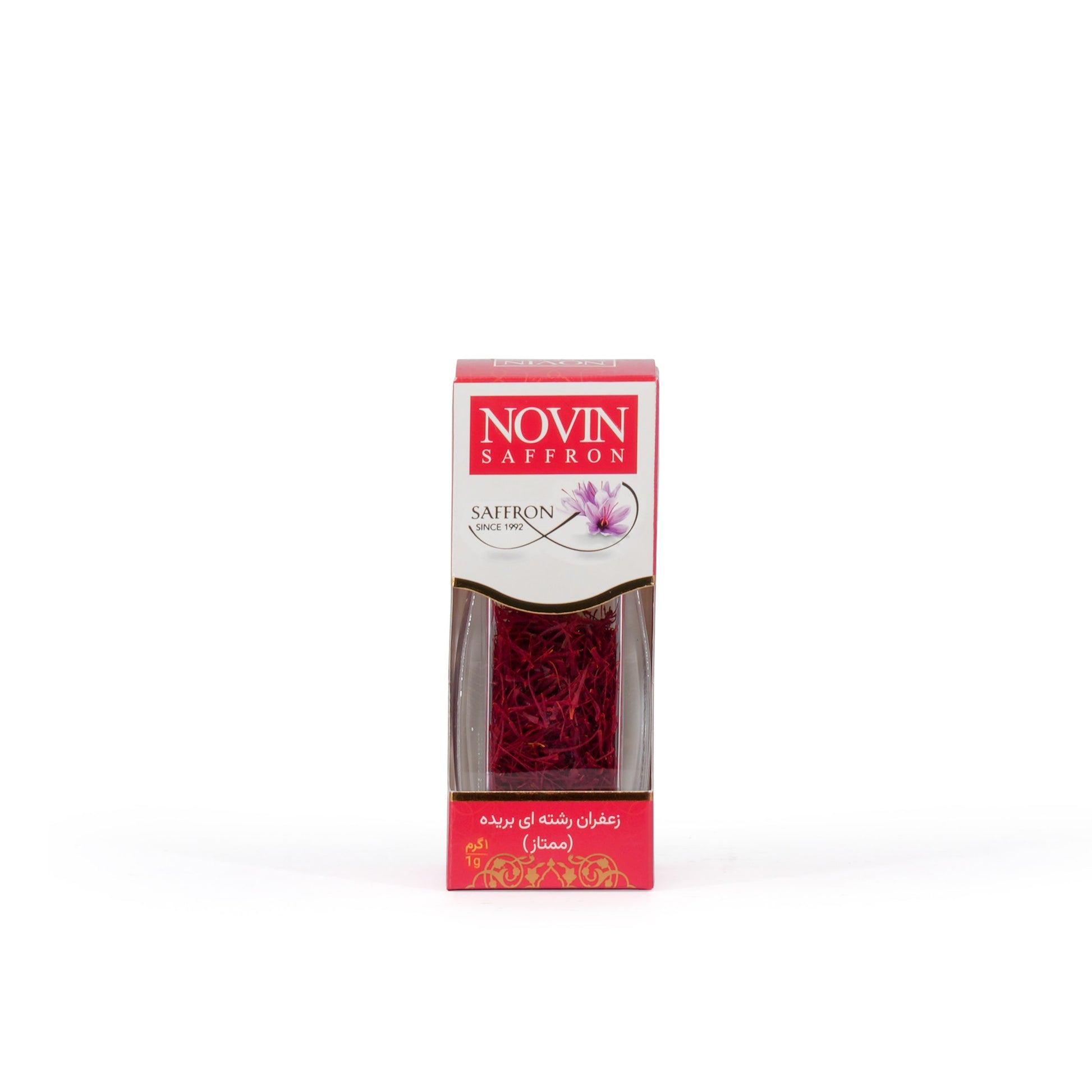 Novin saffron packaging on a white background