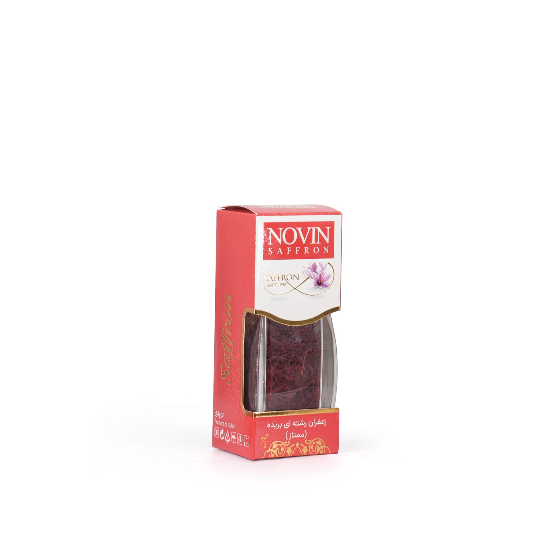 Novin saffron packaging on a white background