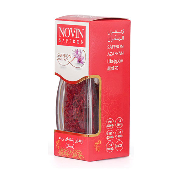 Novin Saffron packaging with red and white design on a white background