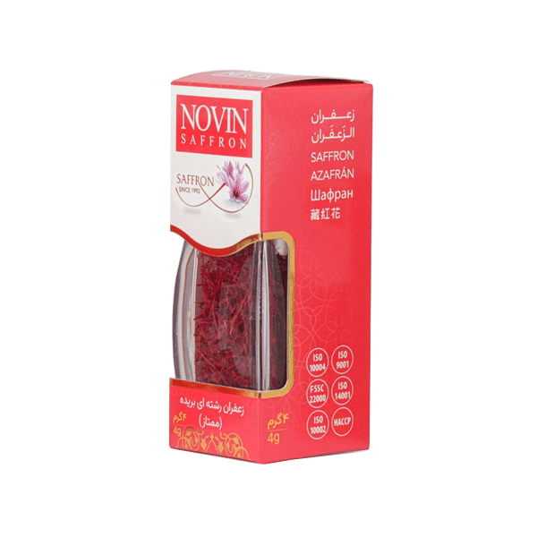 Novin Saffron packaging with a clear window showing saffron strands on a white background