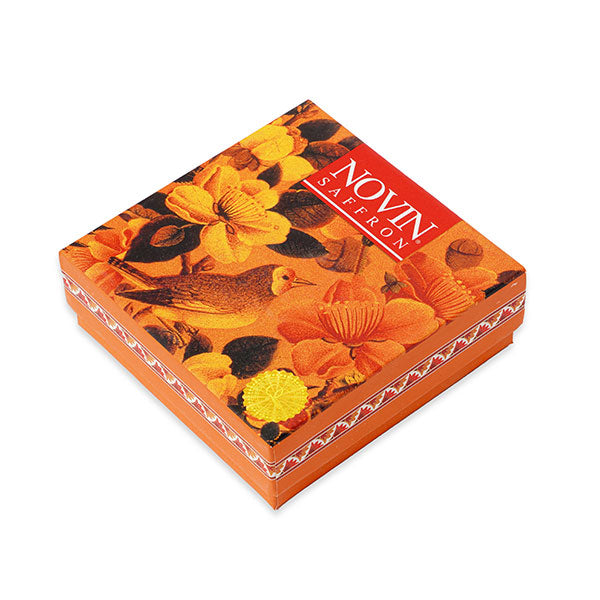 Novin Saffron packaging with floral design on a white background