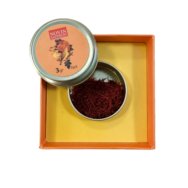 Novin Saffron container with saffron inside on a white background