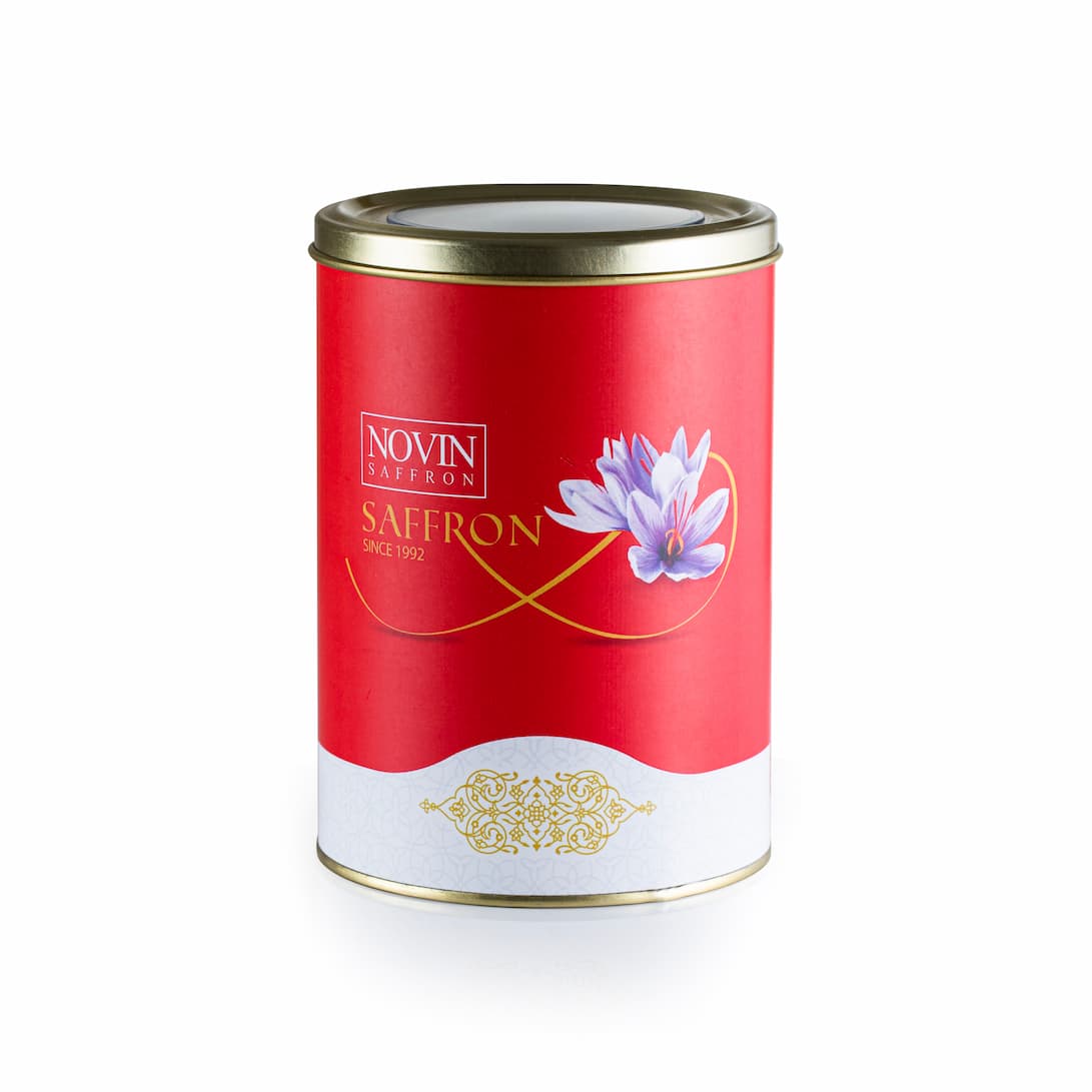 Red canister with 'Novin Saffron' branding and a saffron flower on a white background
