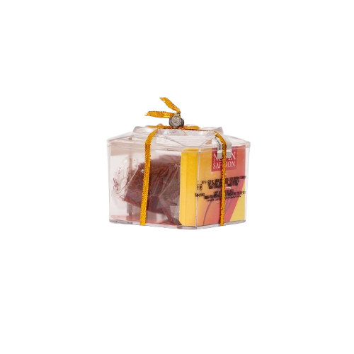 Clear container with a yellow ribbon on a white background